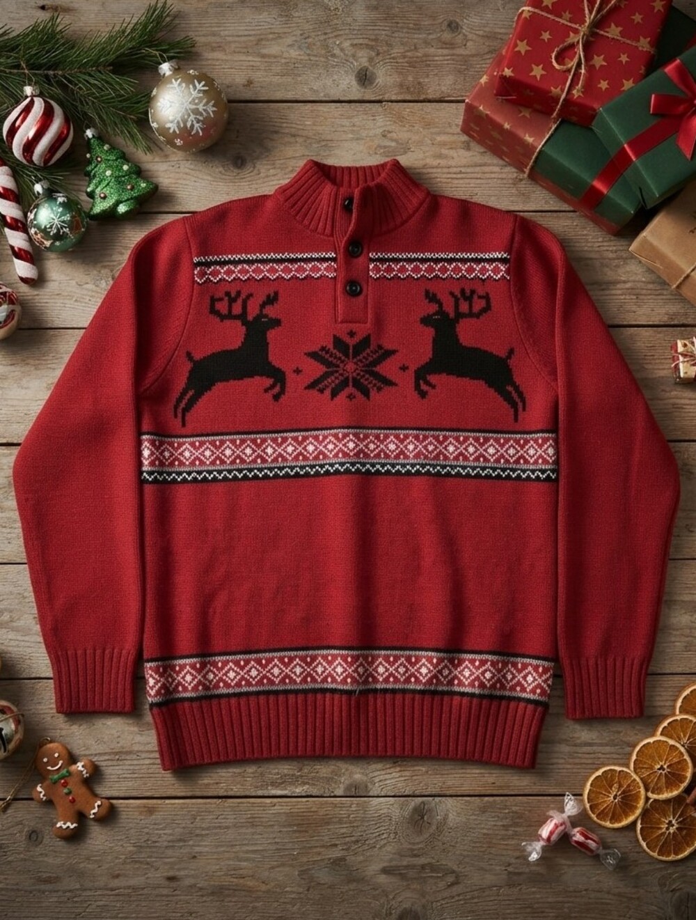 Chaps Mens Reindeer Fair Isle Cotton Mock Neck Sweater Red Small Holiday Festive